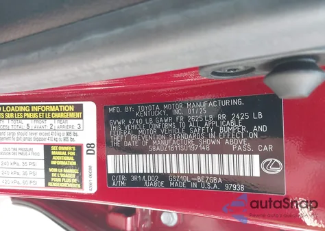 2025 Lexus Es 350 из США, поврежденный, VIN 58ADZ1B11SU197148